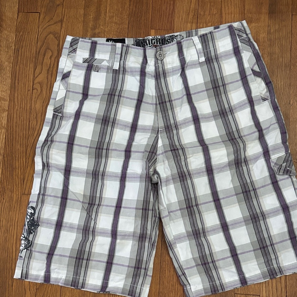 Micros Men’s Plaid Cargo Shorts - White & Purple and gray like new